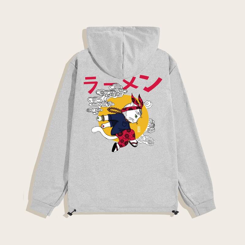 

Guys Letter & Cartoon Graphic Drawstring Hem Hoodie, Grey