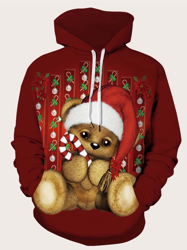 

Men Christmas Print Kangaroo Pocket Hoodie, Red