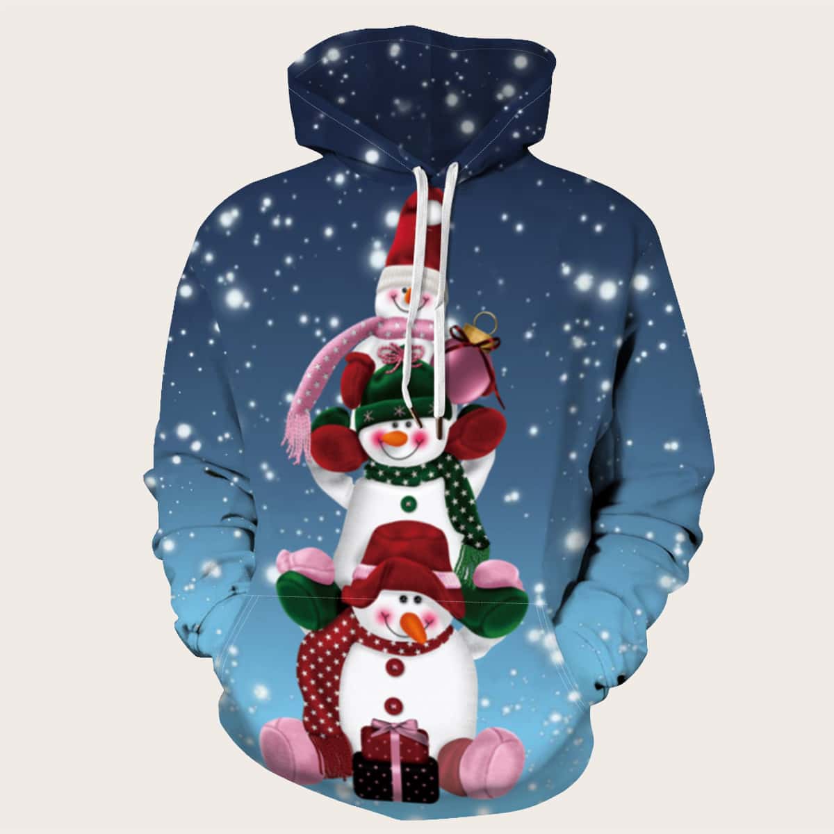

Guys Christmas New Year Snowman Print Drawstring Hoodie, Blue