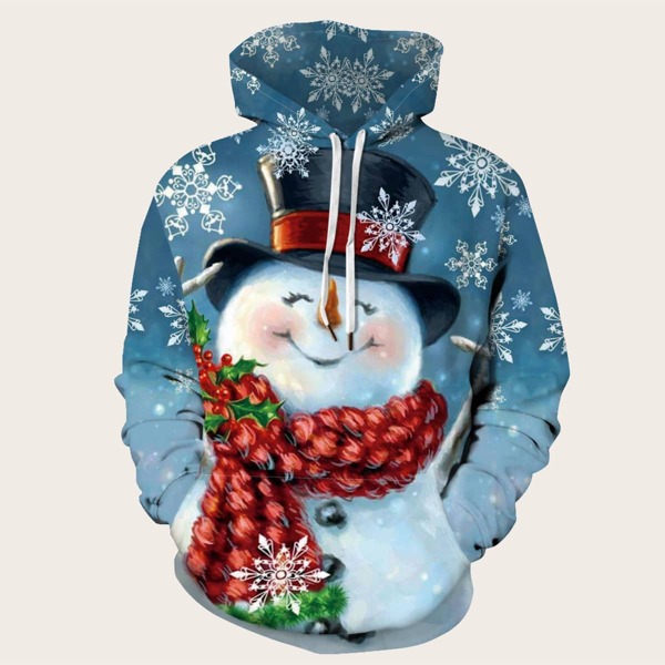 

Men Christmas Snowman Print Drawstring Hoodie, Blue