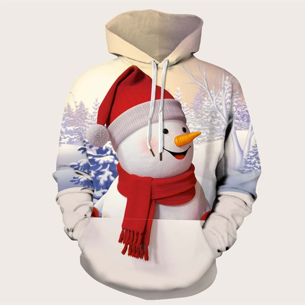 

Men Christmas Snowman Print Drawstring Hoodie, White