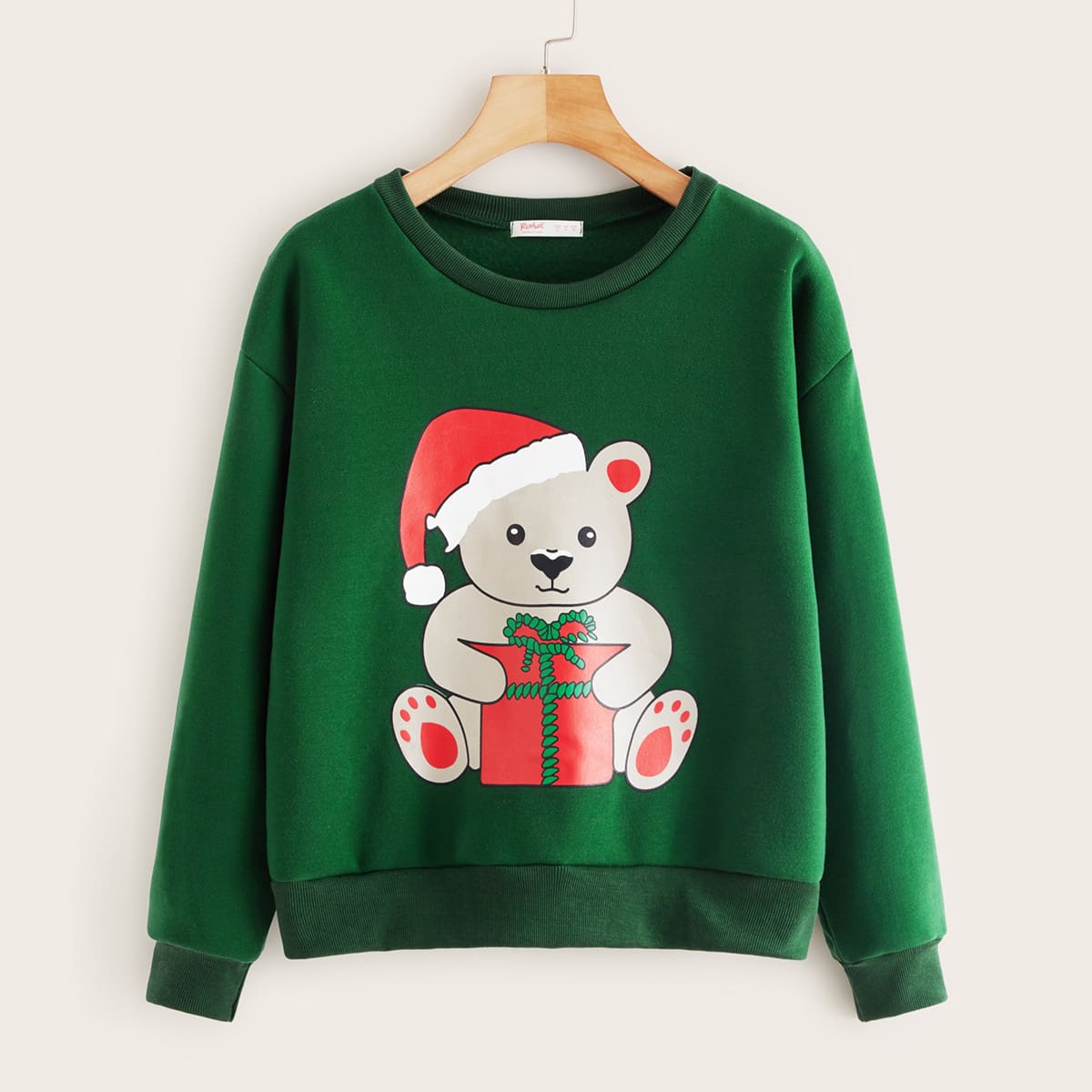 

Christmas Bear Print Drop Shoulder Sweatshirt, Green