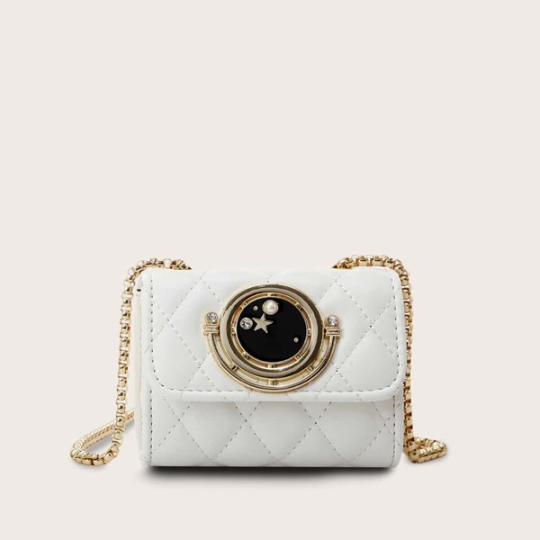 

Mini Quilted Pearl & Rhinestone Decor Crossbody Bag, White