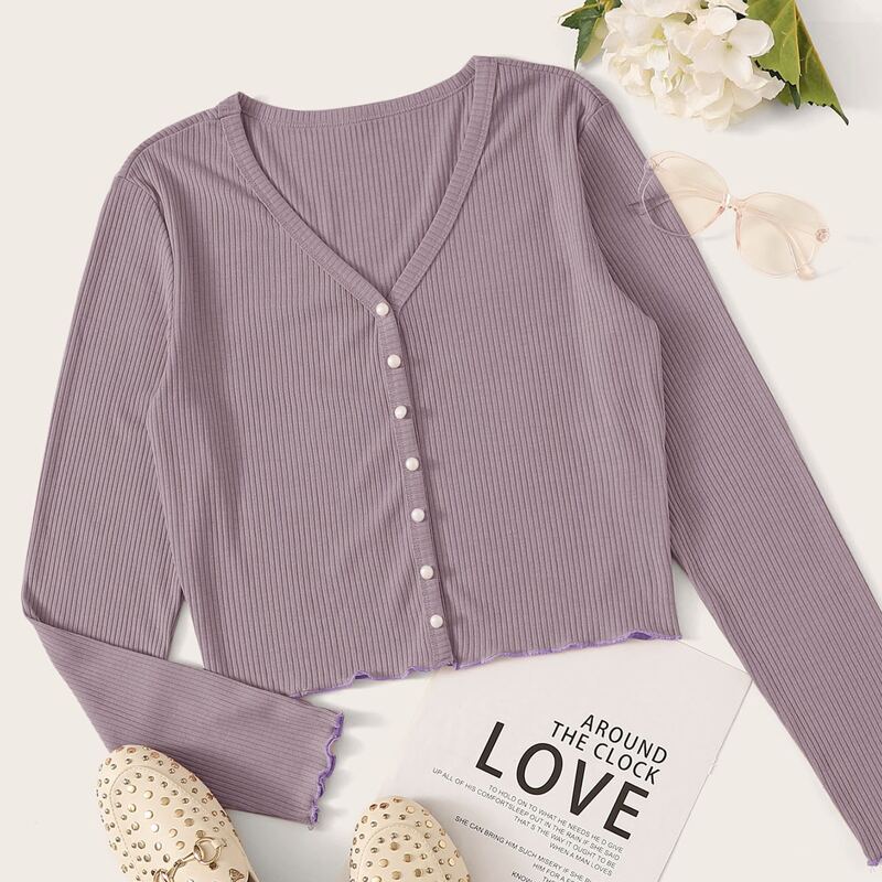 

Solid Button Front Ribbed Tee, Purple