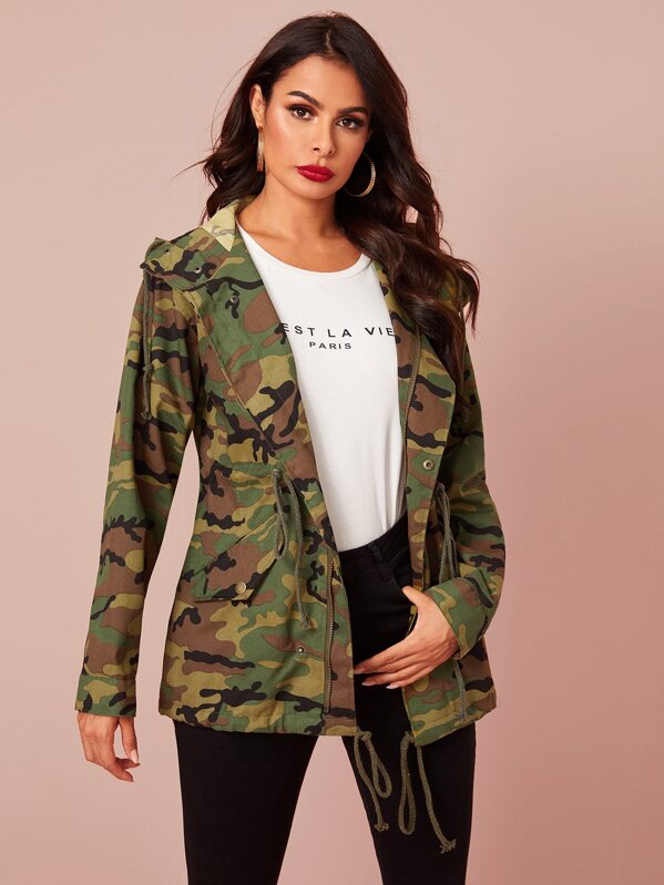 

Camo Print Zip Up Drawstring Hooded Coat, Multicolor, Andy