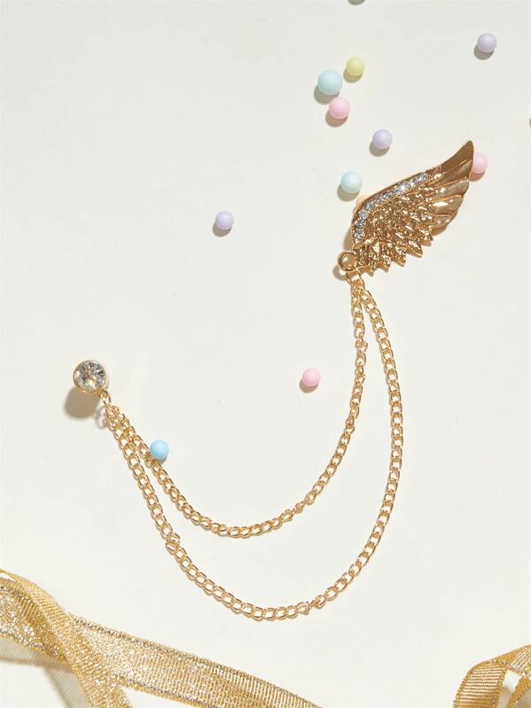 

1pc Rhinestone Engraved Feather Shaped Chain Brooches, Gold