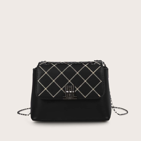 

Seam Detail Twist Lock Flap Chain Crossbody Bag, Black