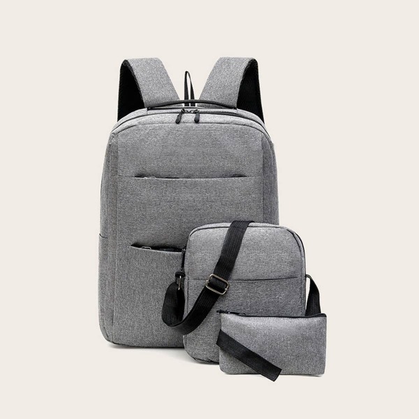 

3pcs Men Zip Front Backpack With Clutch Bag, Grey