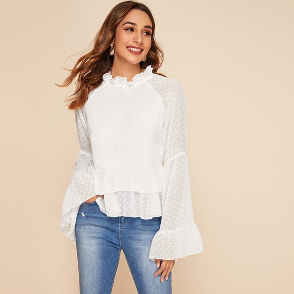 

Swiss Dot Frill Neck Peplum Top, White