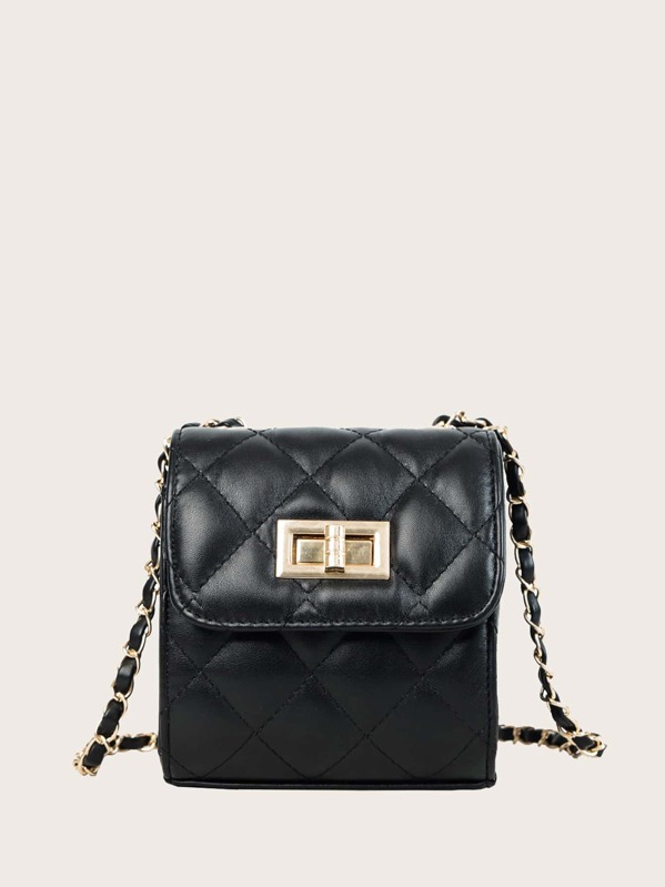 

Girls Twist Lock Quilted Chain Bag, Black