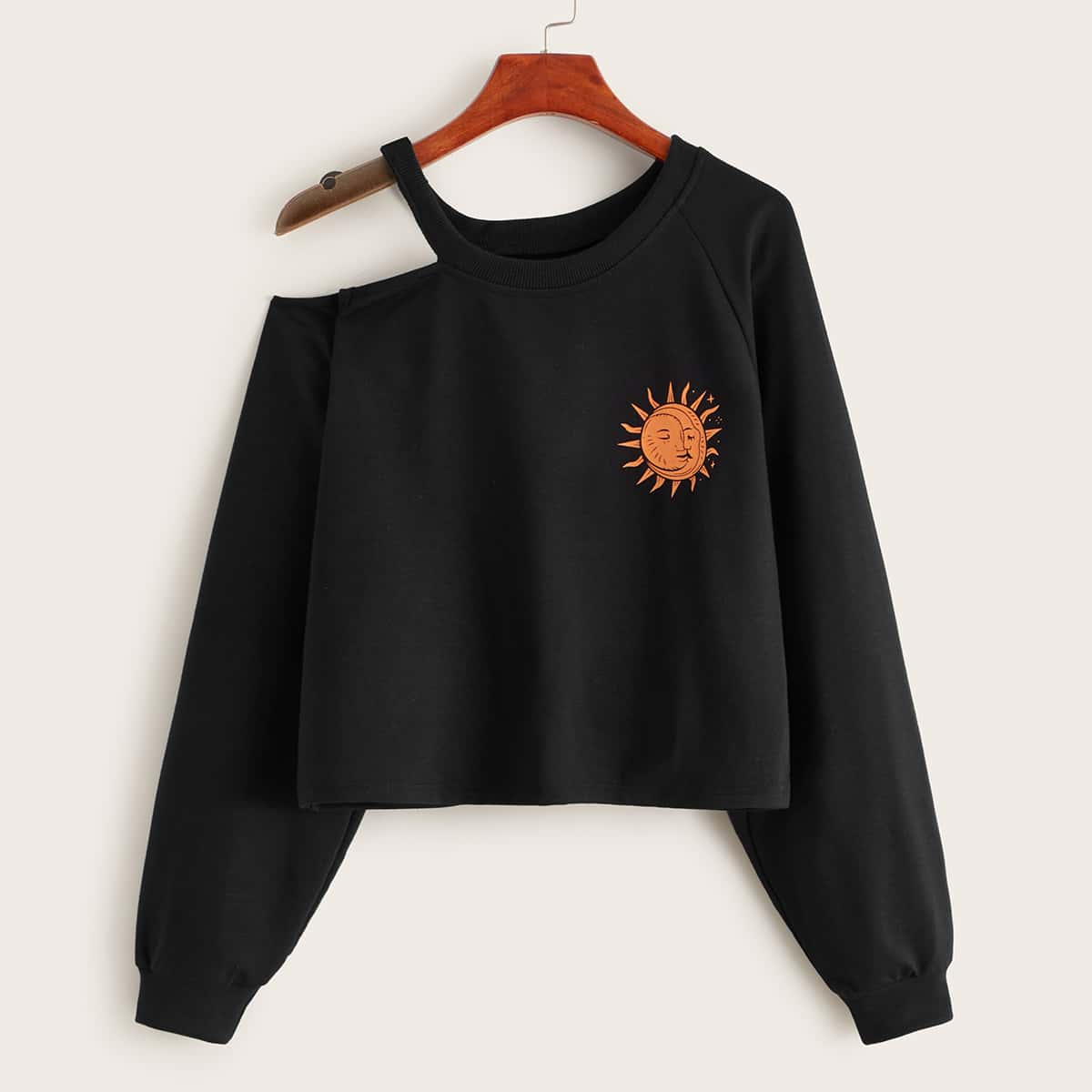 

Graphic Print Asymmetrical Neck Sweatshirt, Black
