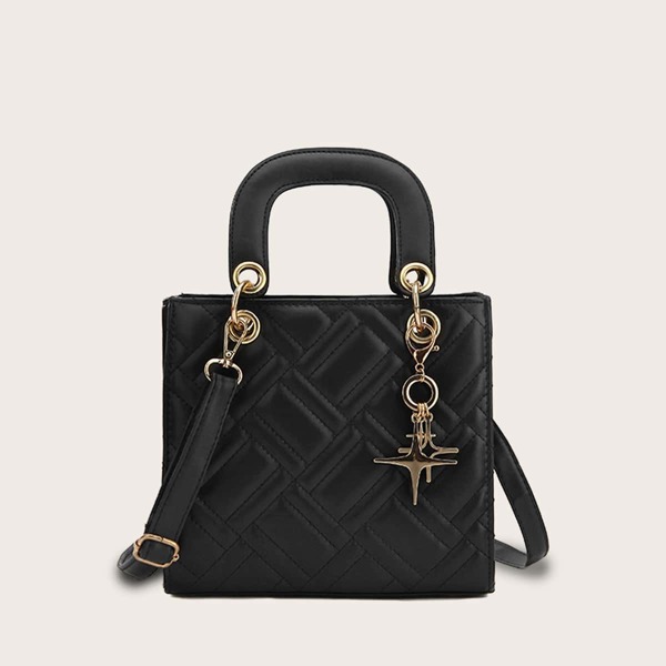 

Star Charm Quilted Satchel Bag, Black