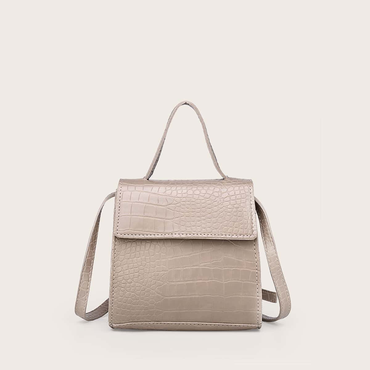 

Croc Embossed Flap Satchel Bag, Beige
