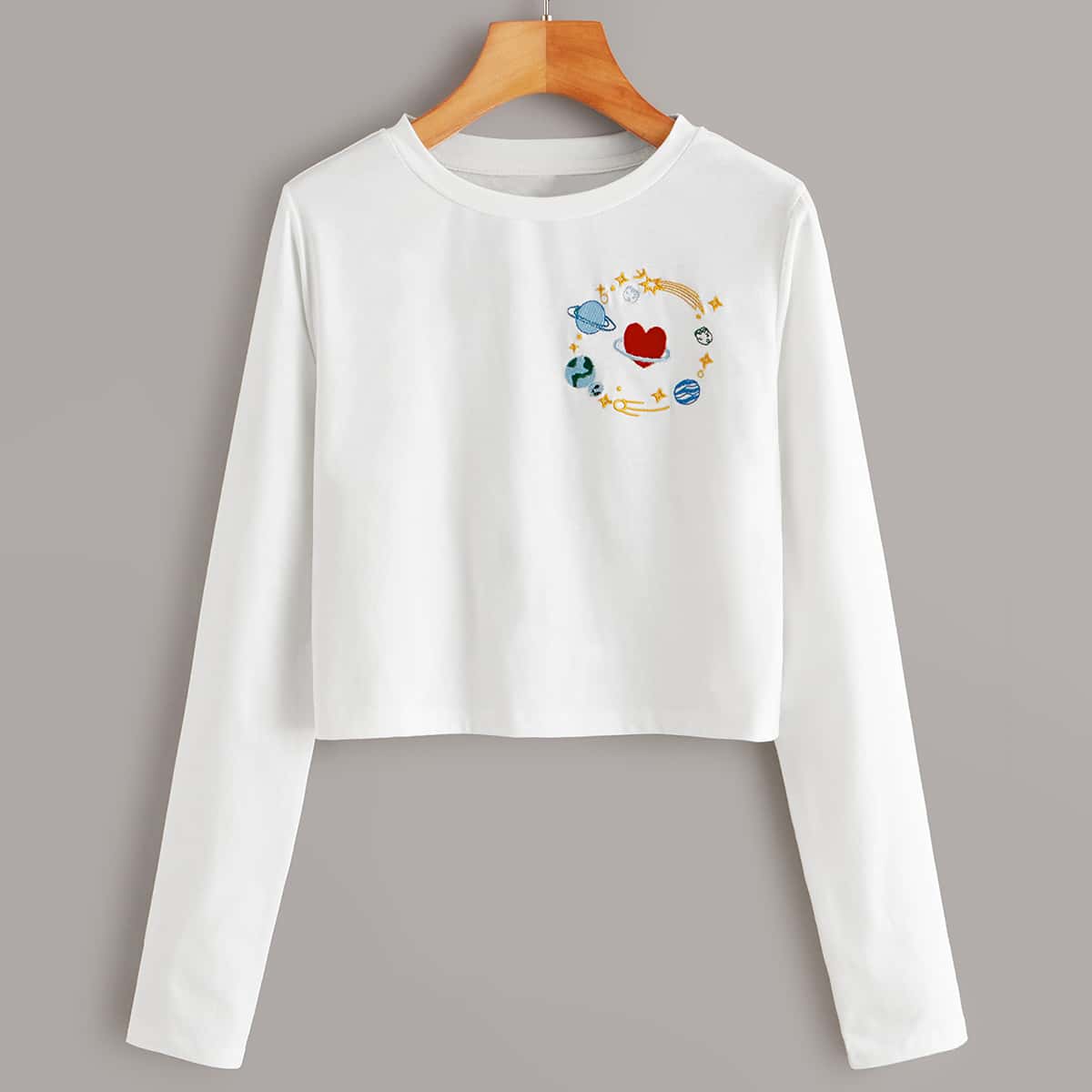 

Planet & Heart Embroidery Crop Tee, White