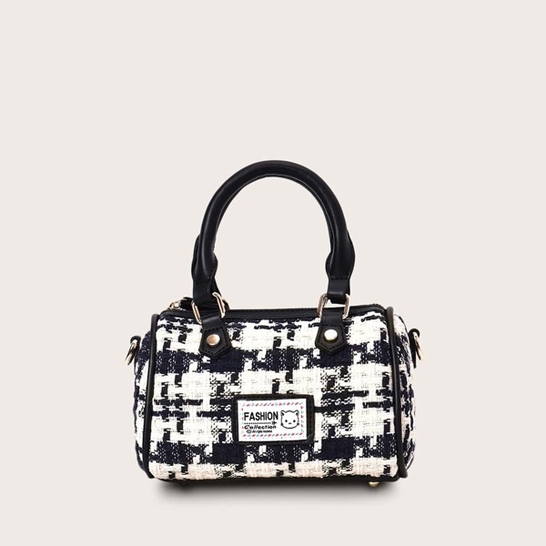 

Plaid & Letter Graphic Satchel Bag, Black and white