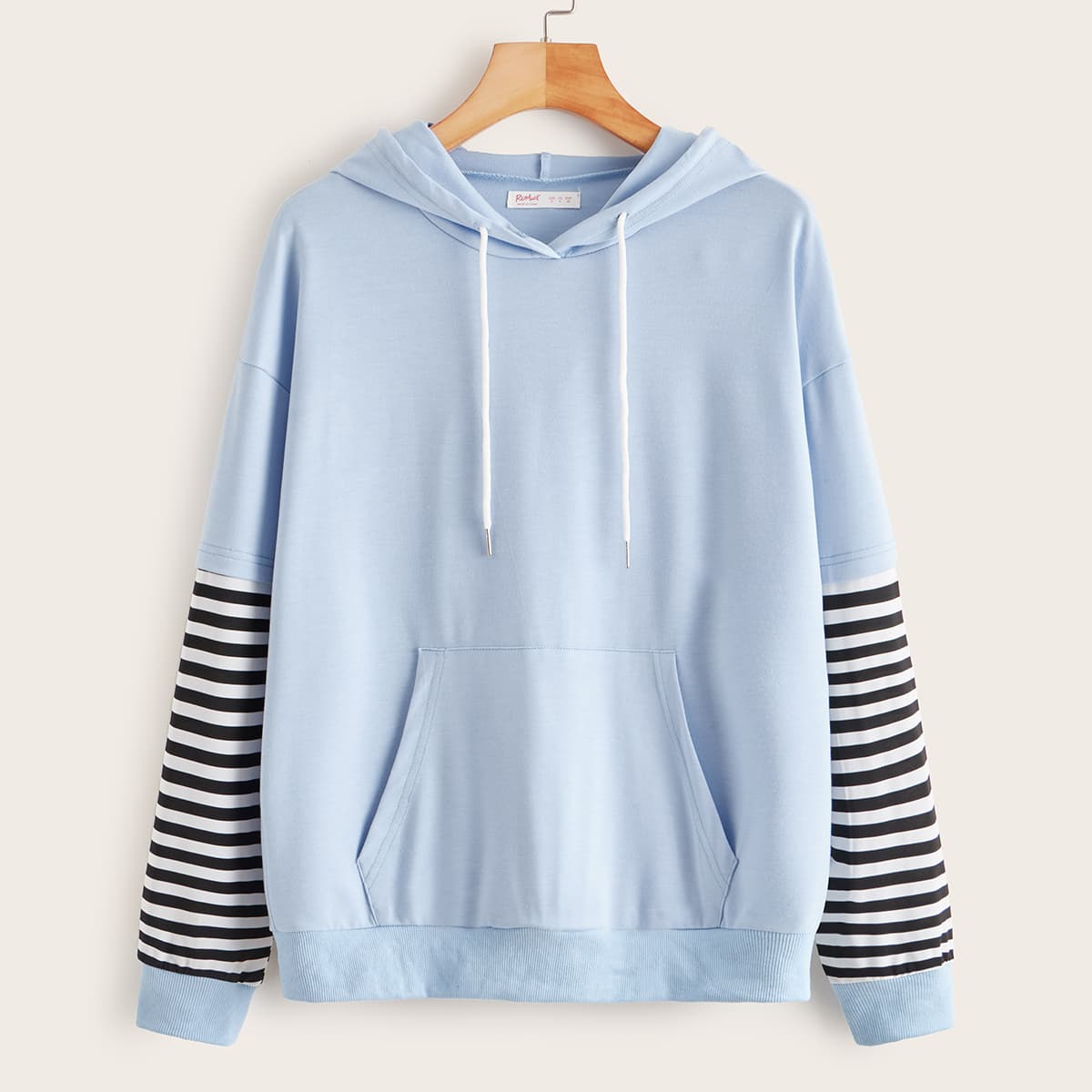 

2 In 1 Striped Panel Kangaroo Pocket Drawstring Hoodie, Blue pastel