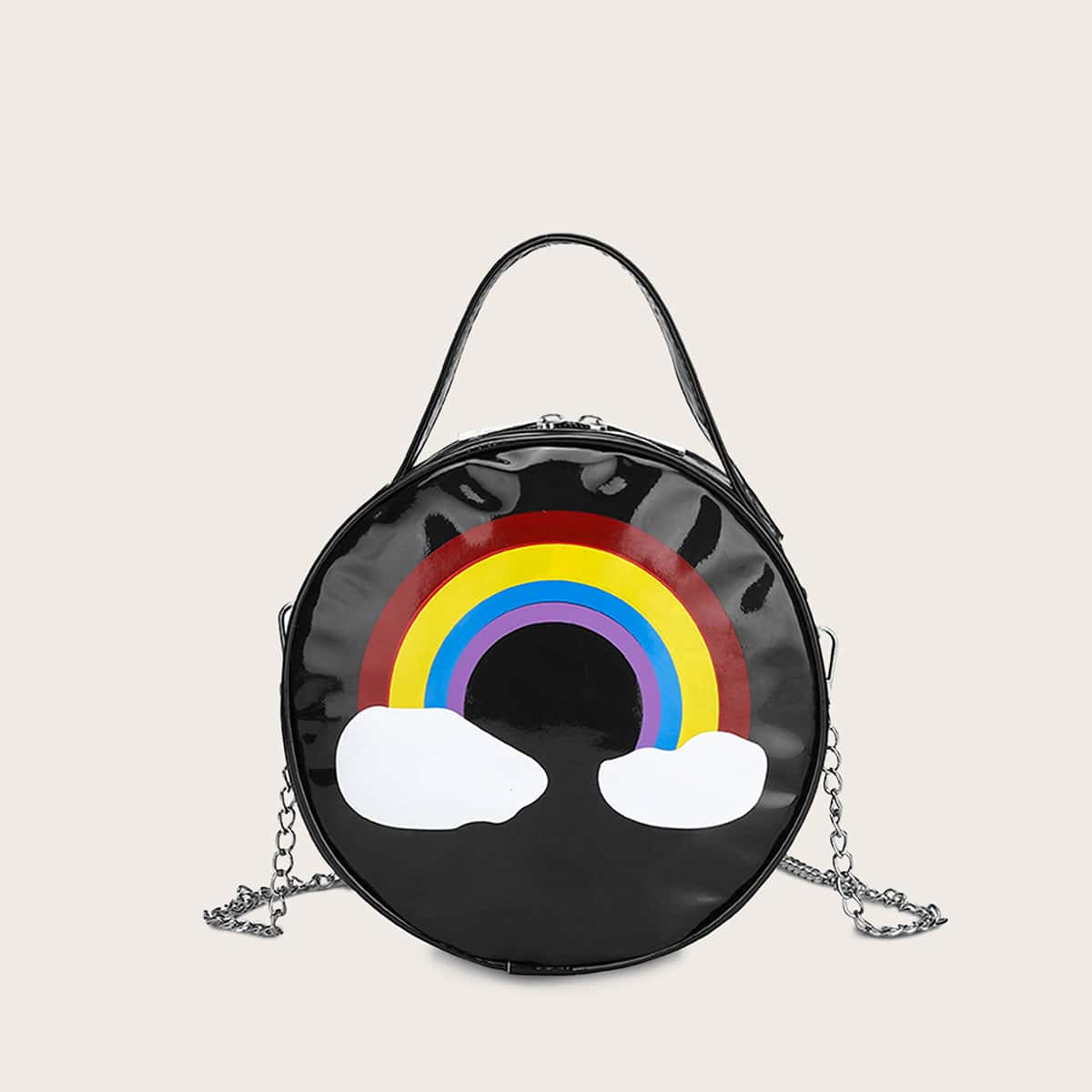 

Rainbow Print Round Chain Satchel Bag, Black