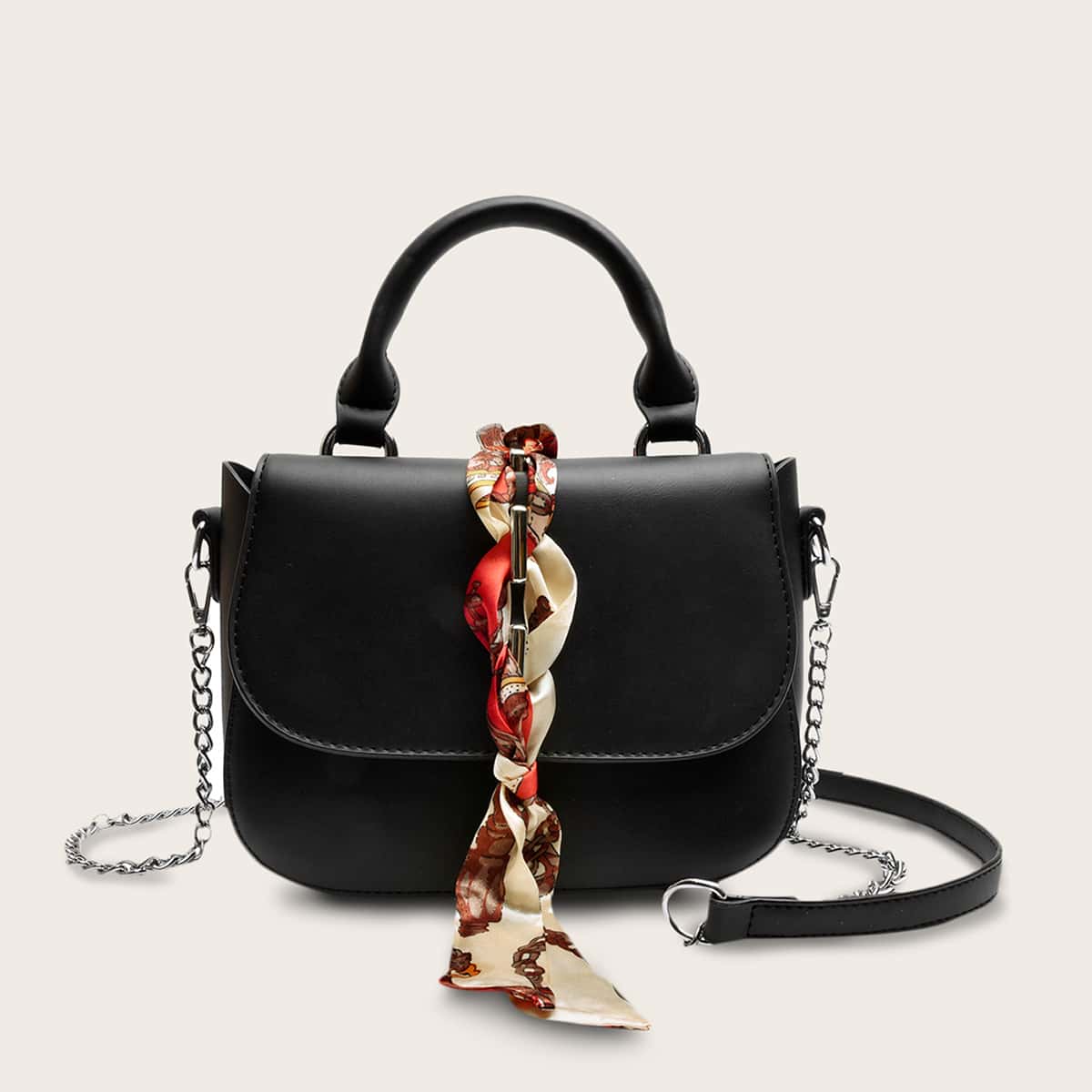 

Scarf Decor Flap Satchel Bag, Black