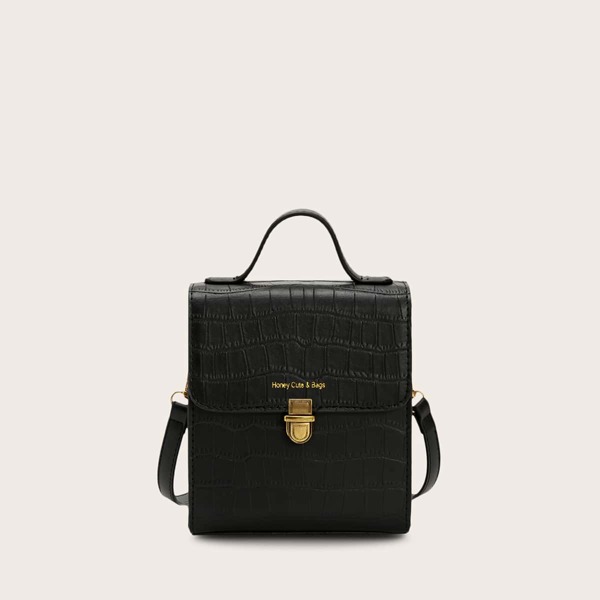 

Croc Embossed Twist Lock Flap Satchel Bag, Black