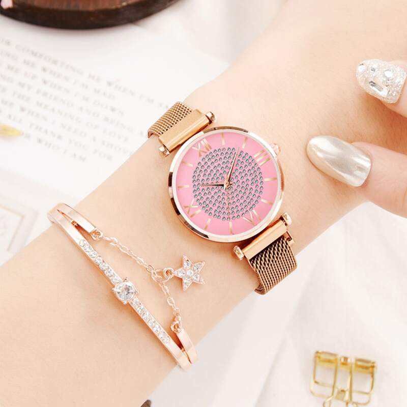 

2pcs Rhinestone Engraved Dial Watch With Bracelet