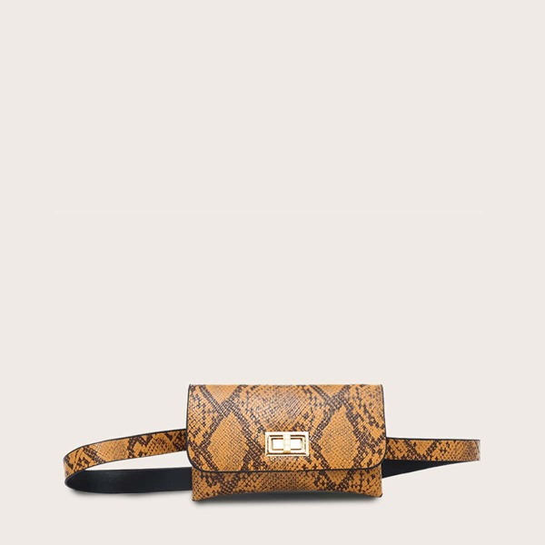 

Snakeskin Print Twist Lock Flap Fanny Pack, Brown