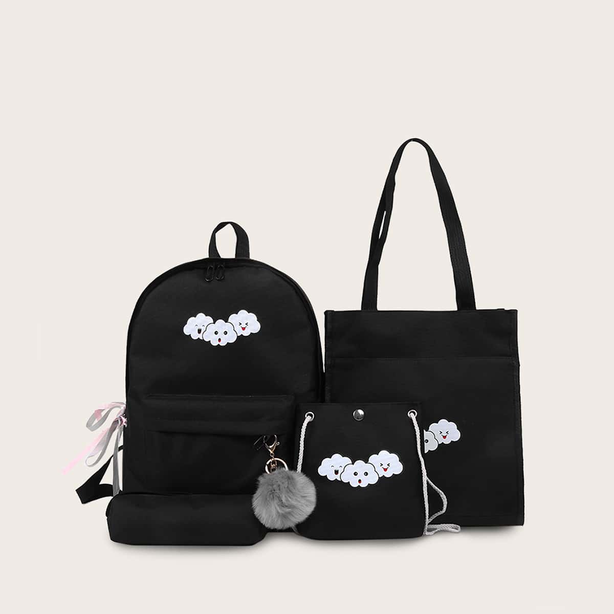 

4pcs Cartoon Graphic Pom-pom Decor Bag Set, Black