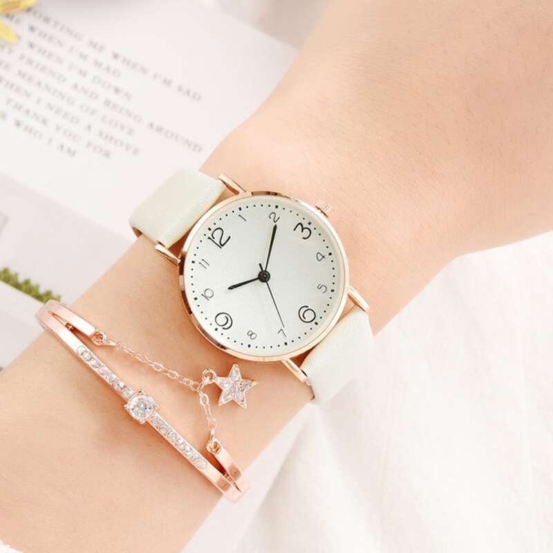 

1pc Pu Strap Watch & 1pc Bracelet