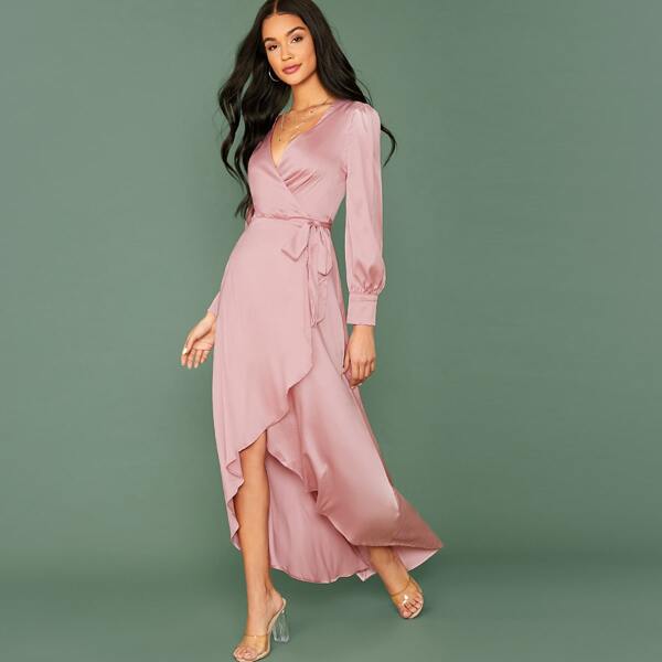 

Wrap Tie Side Asymmetrical Hem Satin Dress, Baby pink