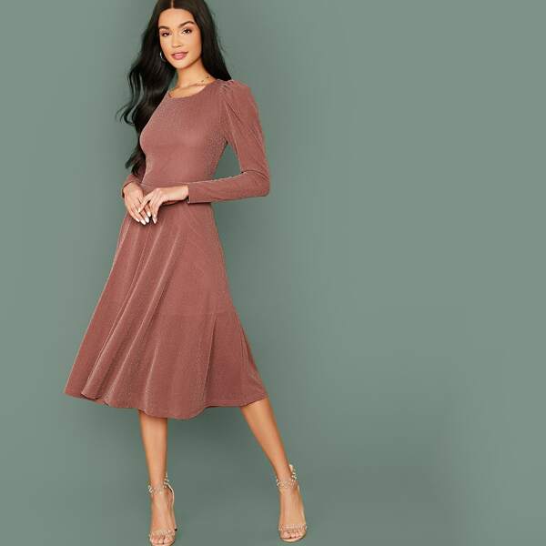 

Gigot Sleeve Glitter Midi Dress, Nude