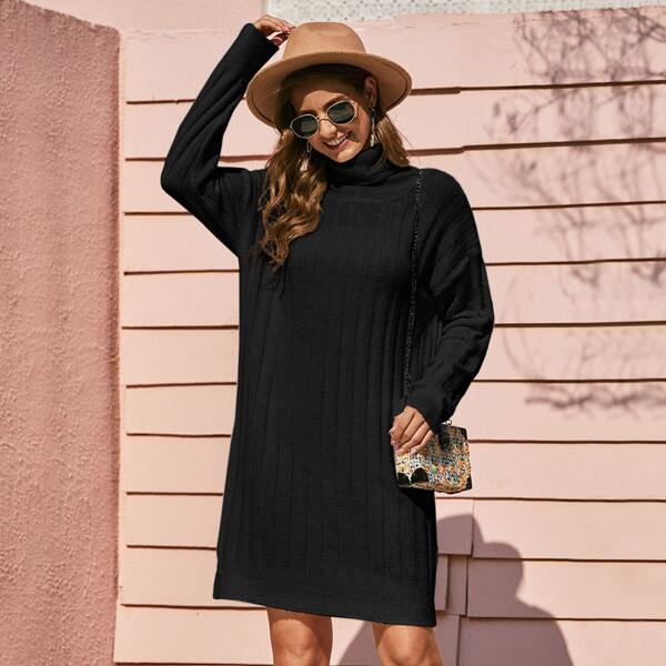 

Turtle Neck Ribbed Knit Sweater Dress, Black