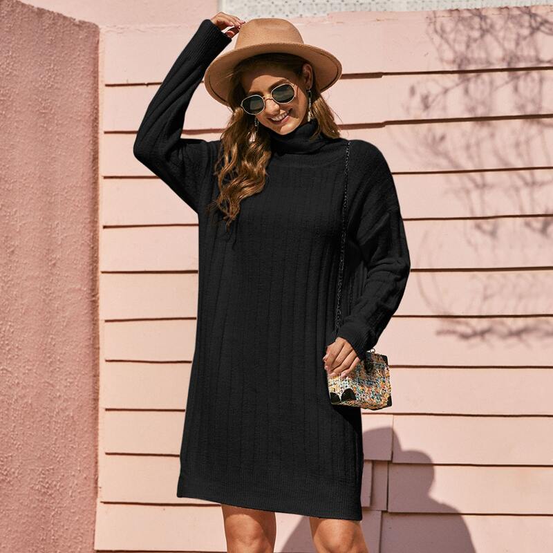 

Turtle Neck Ribbed Knit Sweater Dress, Black