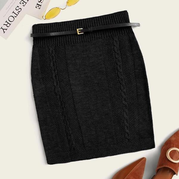 

Cable Knit Sweater Skirt With Belt, Black