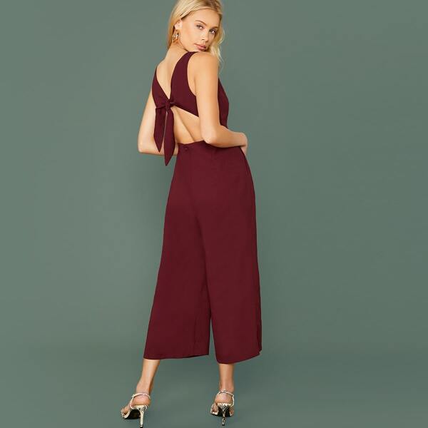 

Tie Backless Square Neck Palazzo Jumpsuit, Burgundy