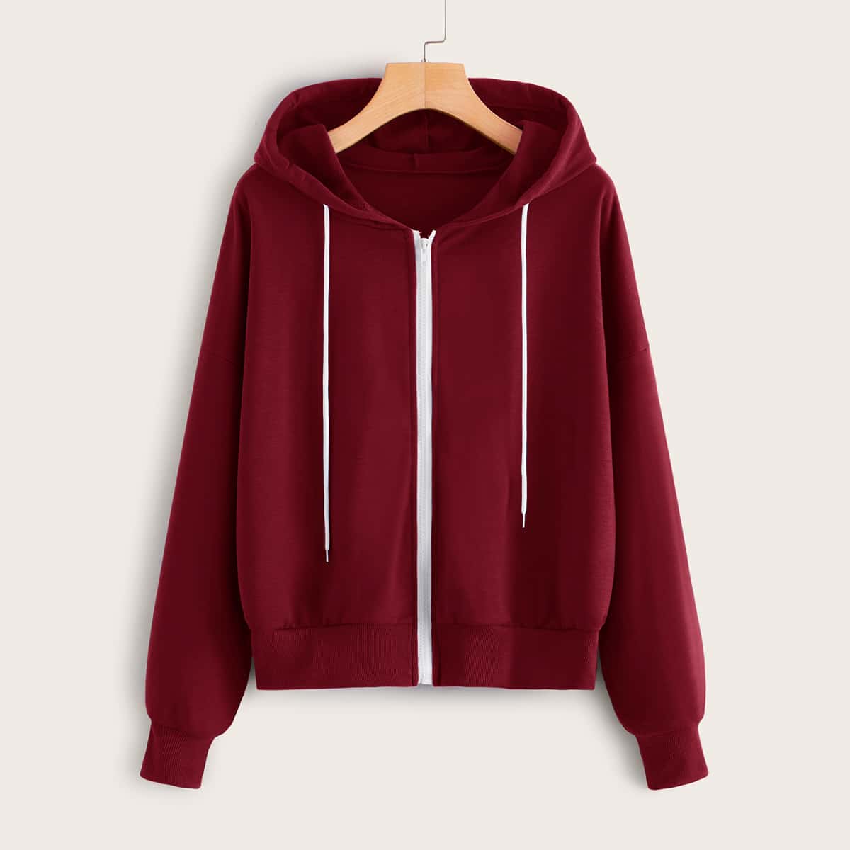 

Zip Up Drop Shoulder Drawstring Hoodie, Burgundy
