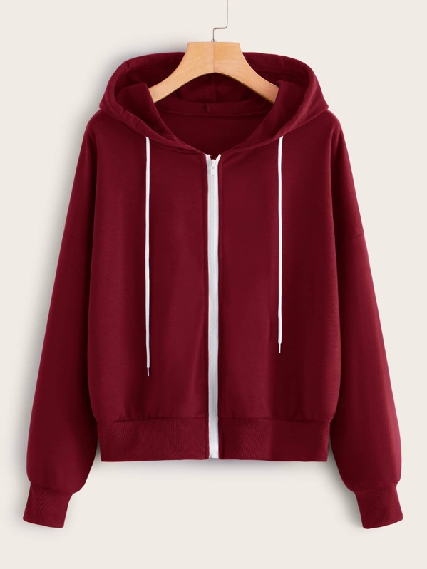 

Zip Up Drop Shoulder Drawstring Hoodie, Burgundy