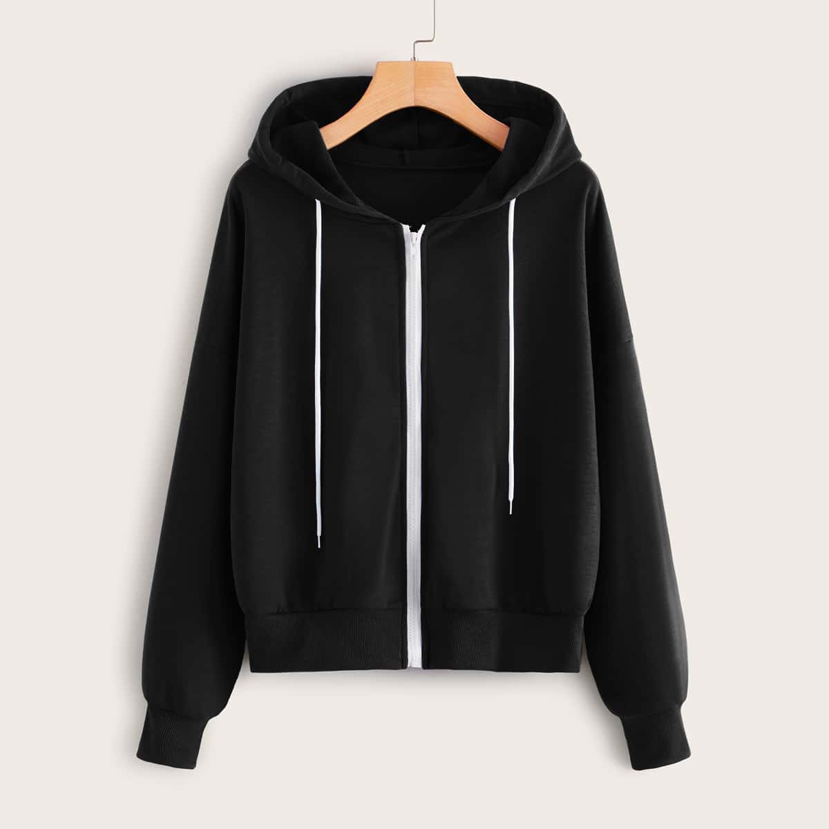 

Zip Up Drop Shoulder Drawstring Hoodie, Black