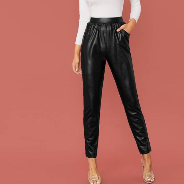 

Elastic Waist Pocket Detail PU Pants, Black
