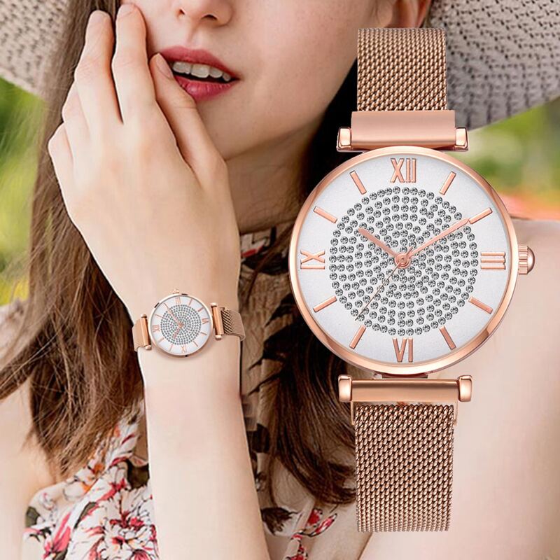 

Mesh Strap Rhinestone Engraved Dial Watch