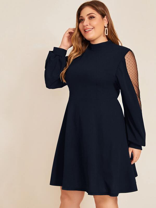 

Plus Contrast Dobby Mesh Mock Neck A-line Dress, Navy, Carol