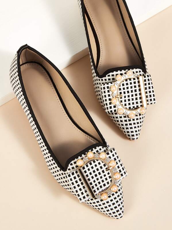 

Faux Pearl & Rhinestone Decor Point Toe Flats, Black and white