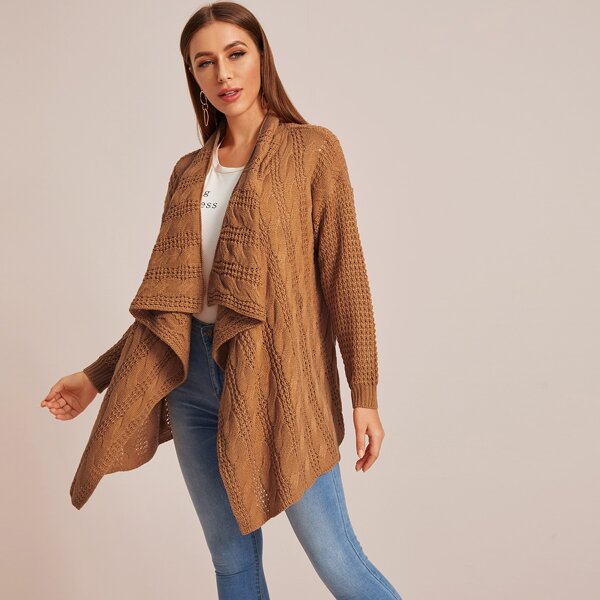 

Open Front Cable Knit Waterfall Cardigan, Camel