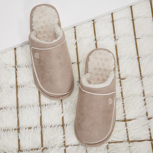 

Men Embroidered Stitch Trim Fuzzy Slippers, Khaki