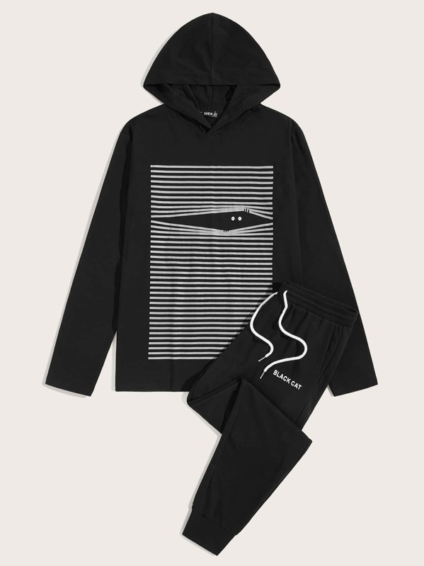 

Men Striped Hoodie & Slogan Graphic Sweatpants Set, Black