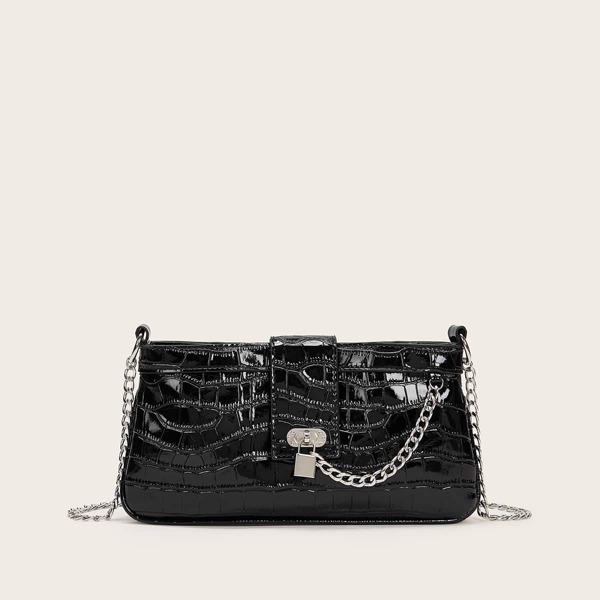 

Croc Embossed Chain Baguette Bag, Black