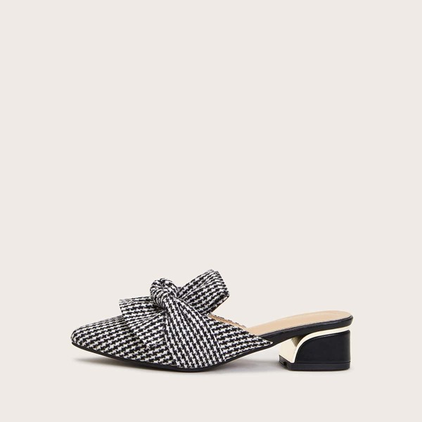 

Point Toe Houndstooth Heeled Mules, Black and white