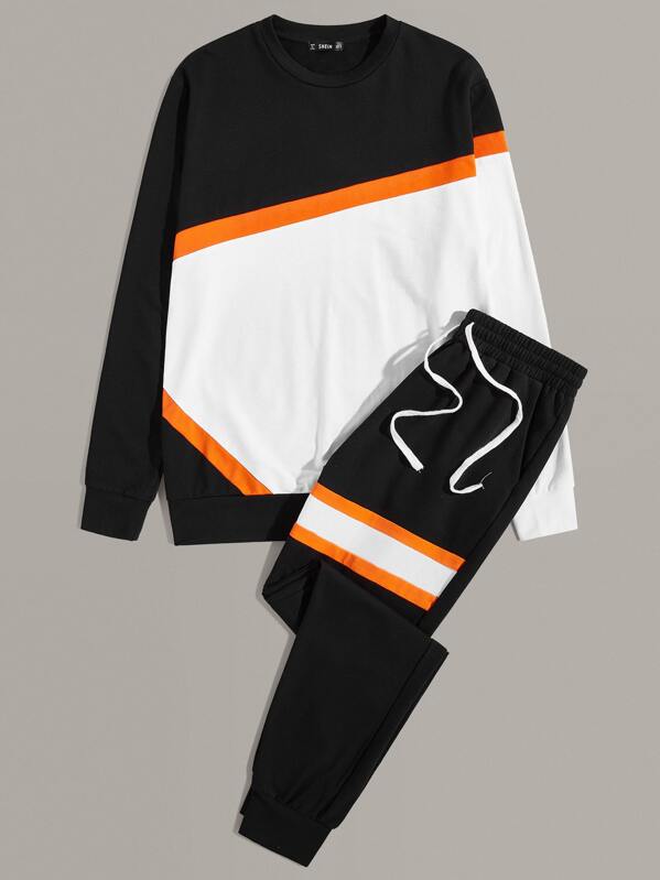 

Men Colorblock Pullover & Slant Pocket Sweatpants Set, Black and white