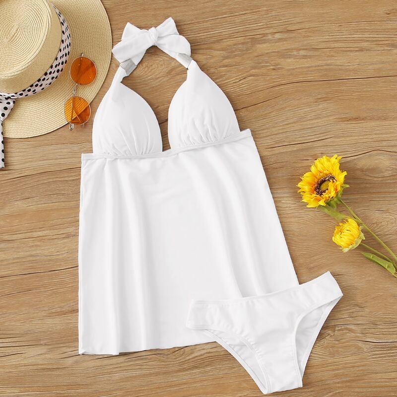 

Solid Halter Tankini Set, White