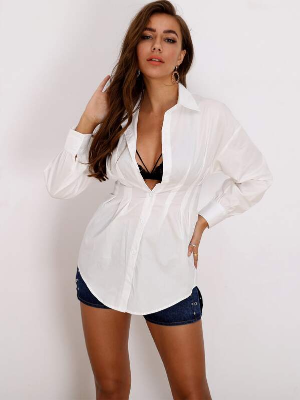 

Joyfunear Fold Pleat Detail Button Up Fitted Blouse, White, Hanna