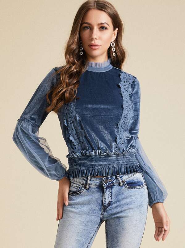 

SBetro Frill Trim Shirred Waist Lace Detail Velvet Blouse, Blue, Hanna