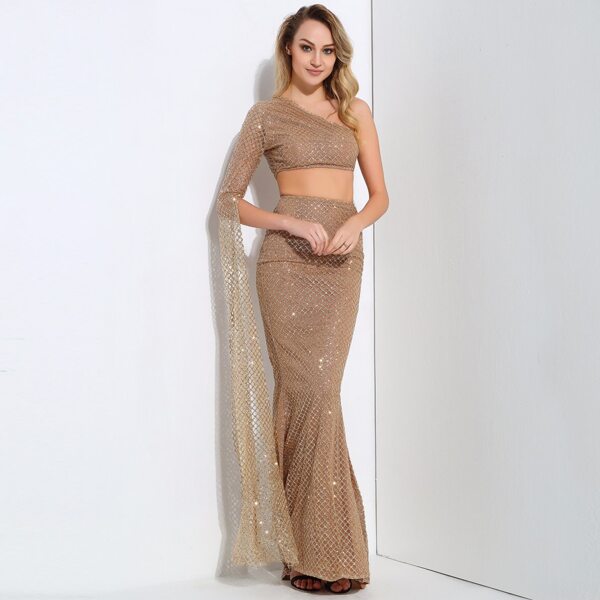 

LOVE&LEMONADE One Shoulder Crop Glitter Top And Fishtail Skirt Set, Nude